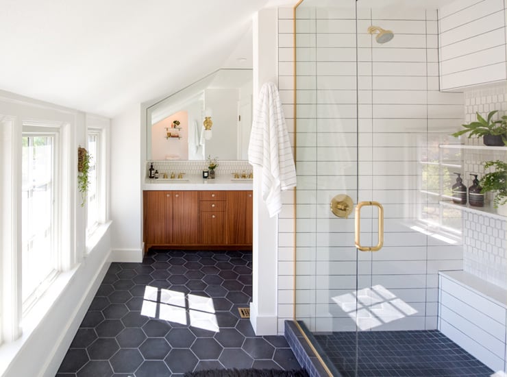 Primary upstairs bathroom transformation in Portland created by smart space planning