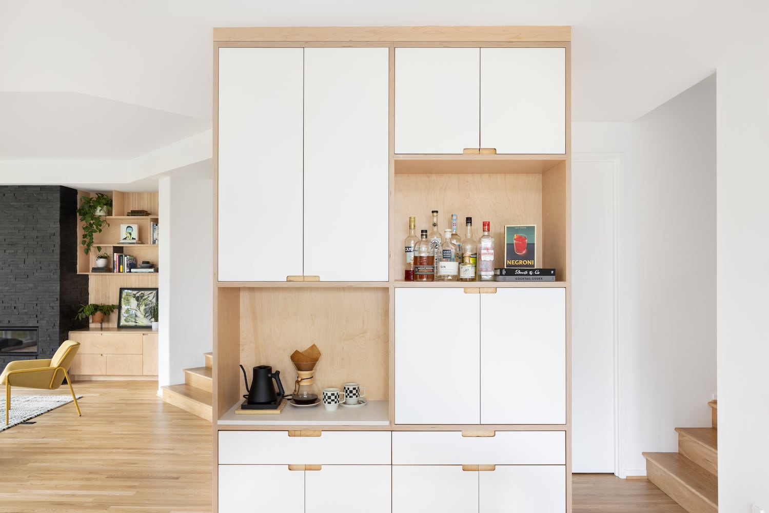 Custom modern coffee station with Chemex and dry bar, white cabinet faces