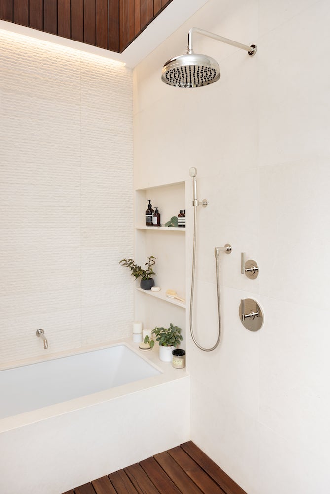 Custom bath: Hydrosystems Lacey rectangular bathtub, Waterworks nickel shower fixtures