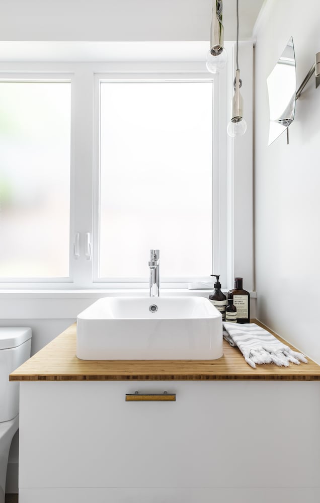 Bathroom Vanity, Vessel Sink, Privacy Window, Pendant Lighting