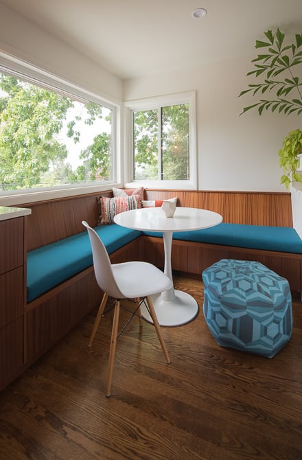 Custom striped wood grain design kitchen dining nook with aqua blue upholstery