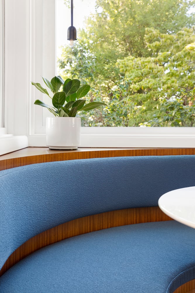 Custom curved dining nook detail, curved upholstered back