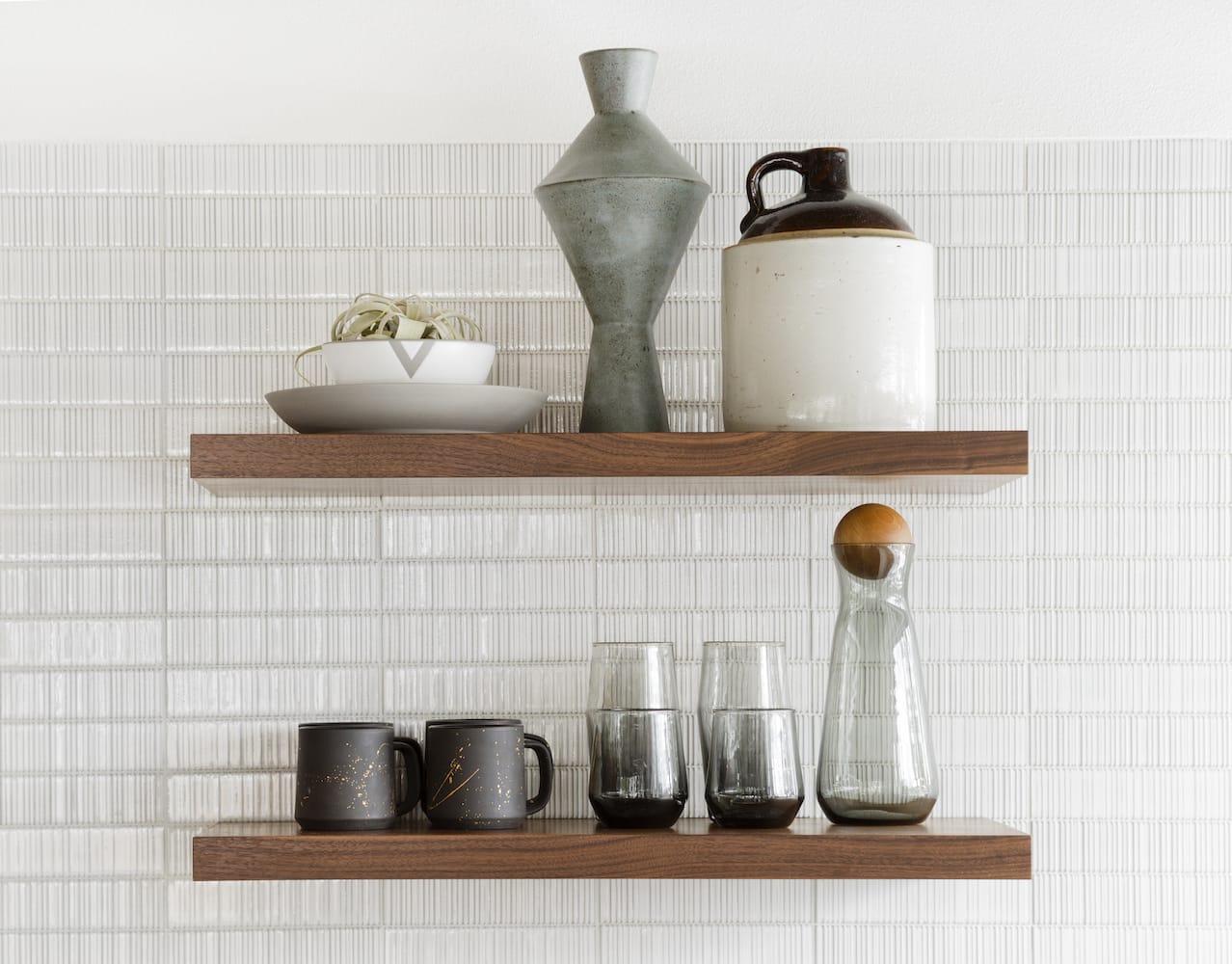 Floating shelves and white tile in Portland Oregon midcentury kitchen remodel