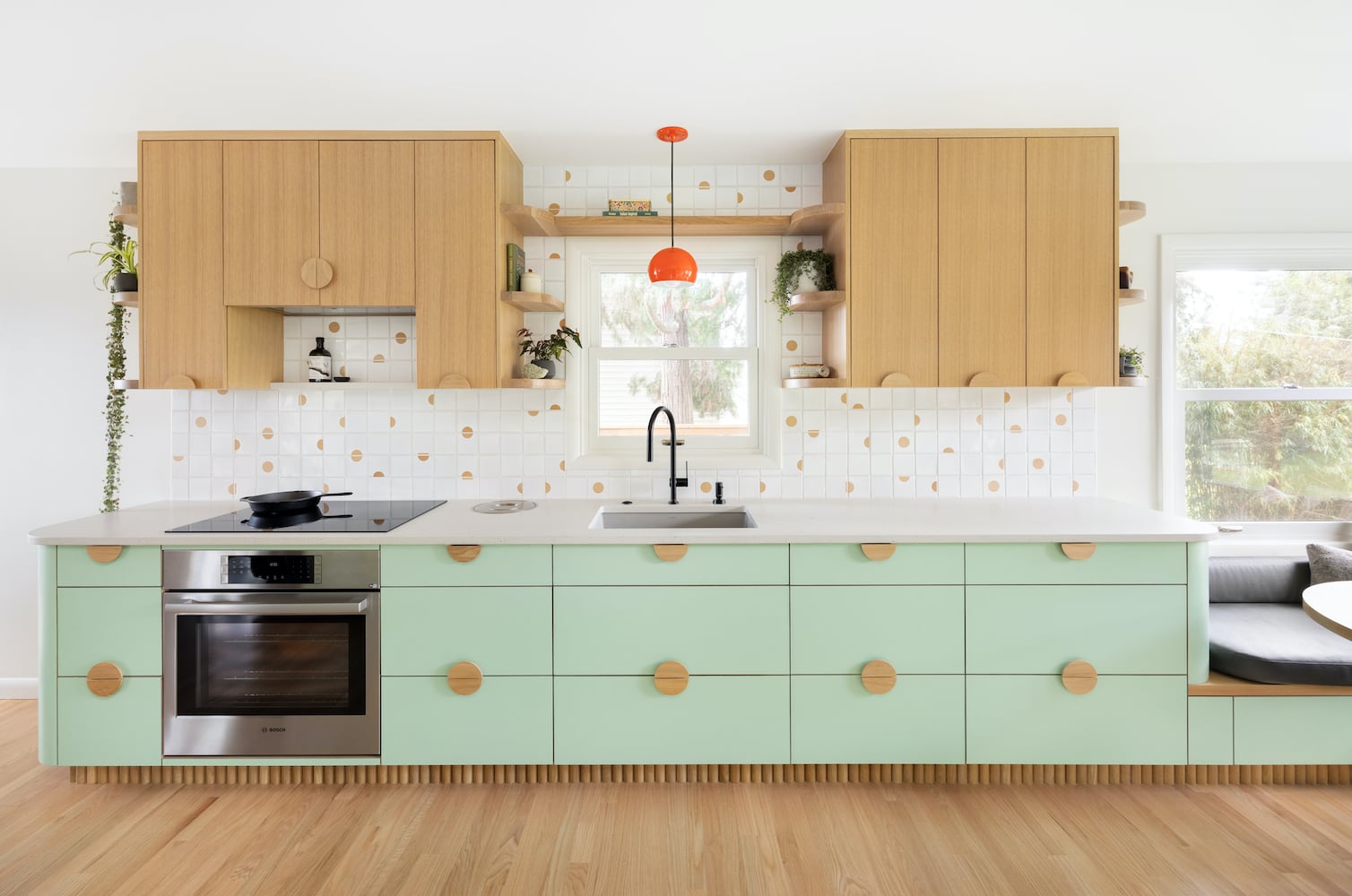 Portland astro mod kitchen remodel designed with lime green, white oak, tile materials