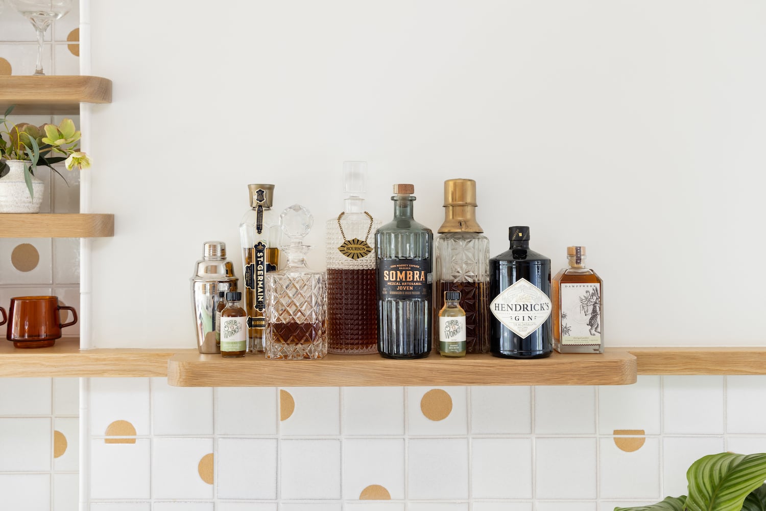 Refined but funky drink station with white oak shelving, Tempest Temparto Ping tile