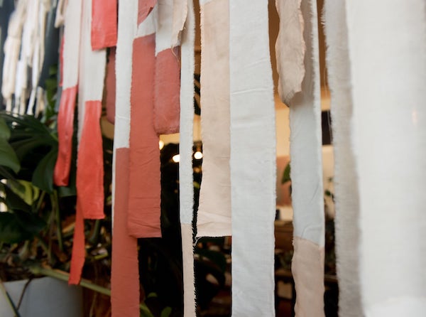 Detail of window art installation, Benjamin Moore paint colors, muslin strips