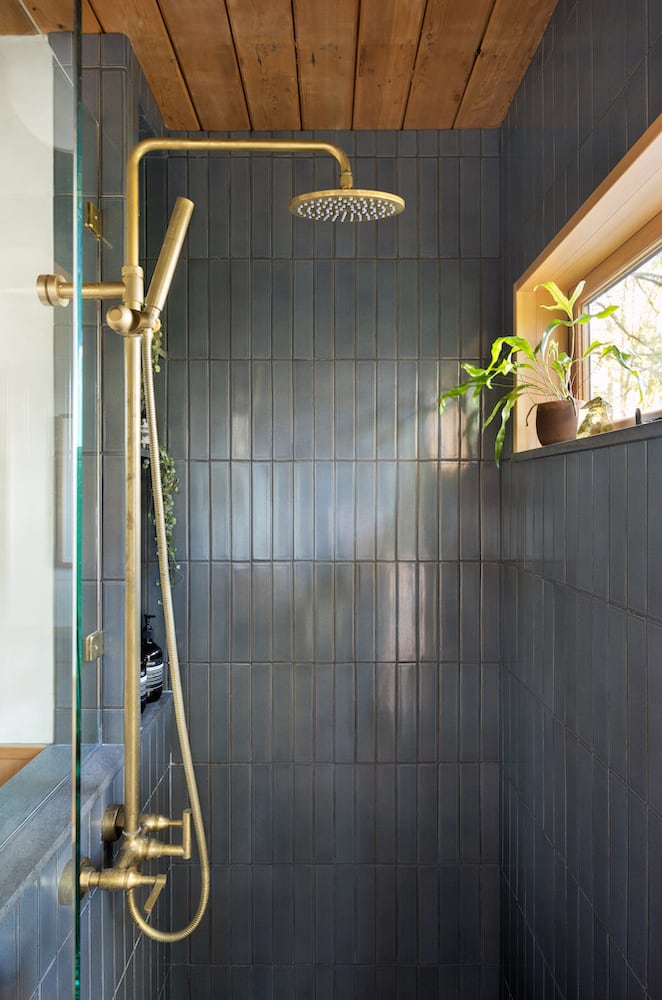A precisely designed shower with vertical gunmetal tile, window and plants