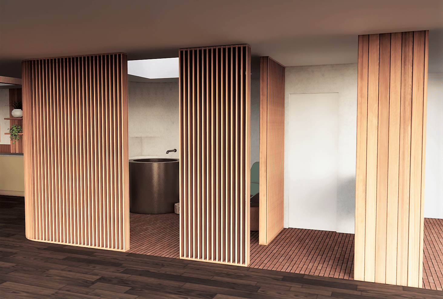 View into atrium bath with copper tub, terra cotta tile floors, doug fir slat walls