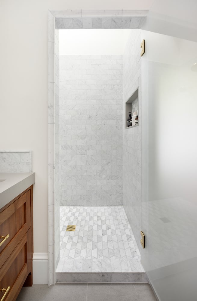 Shower remodeled to include skylight and completely tiled from floor to ceiling