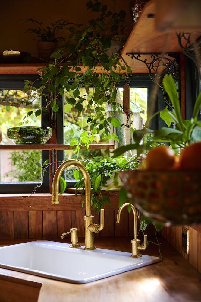 Gold patina plumbing fixtures in white kitchen sink, multilevel shelves, tons of plants