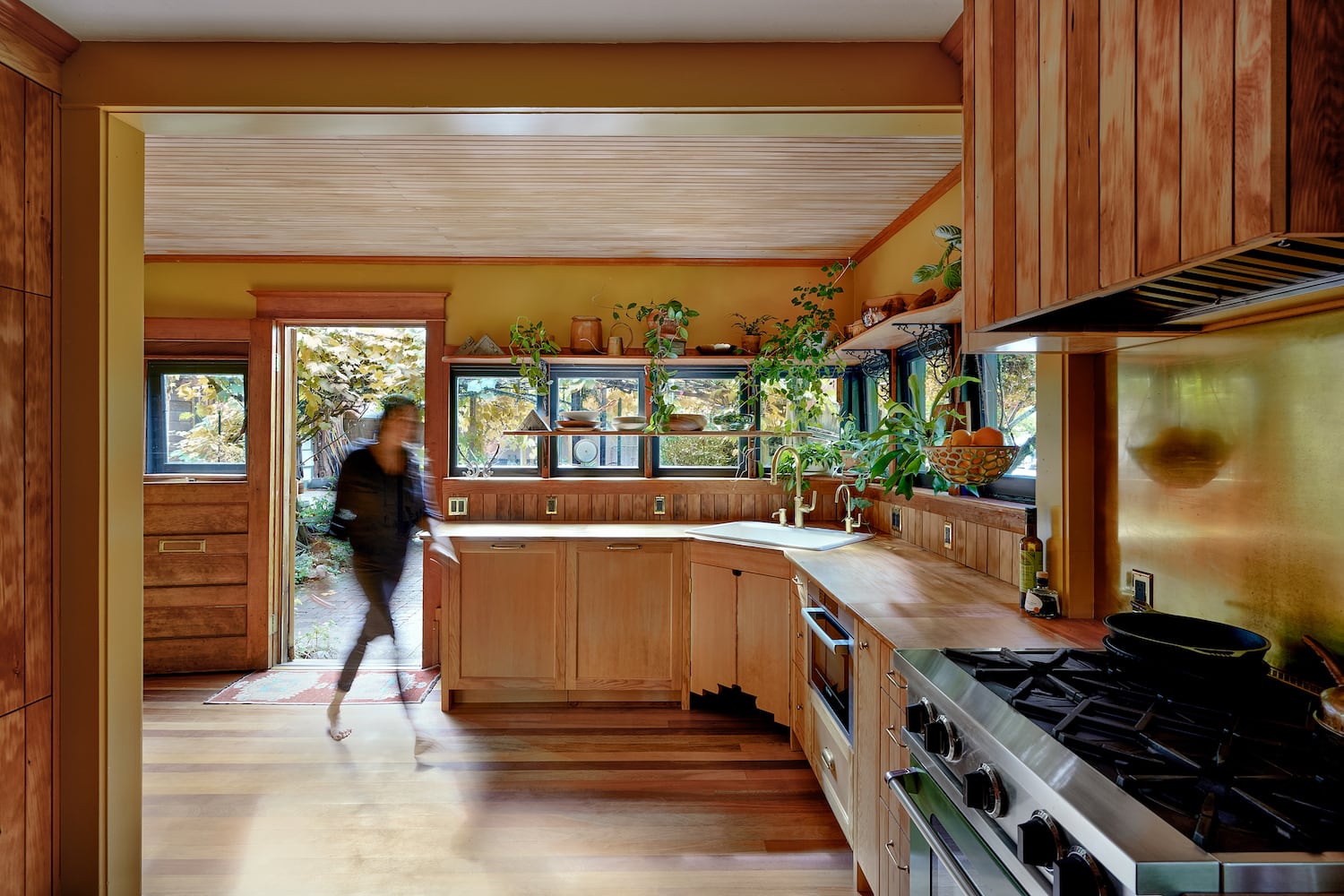 Portland kitchen remodel with reclaimed floors, wood paneled cabinets, hanging plants