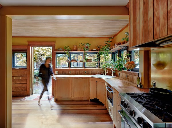 Portland kitchen remodel with reclaimed floors, wood paneled cabinets, hanging plants