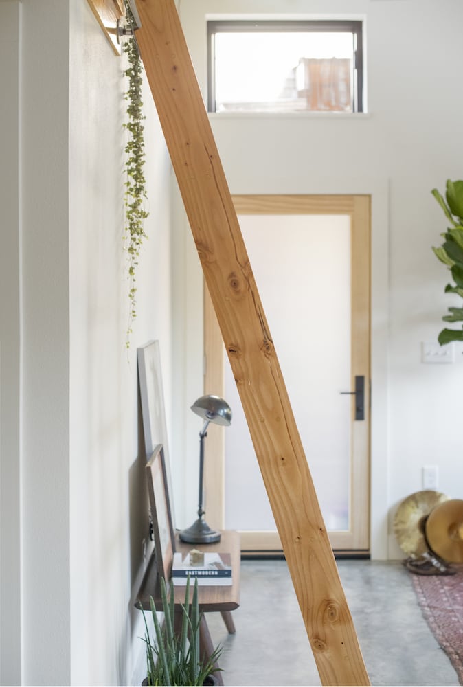 Detail of ladder to loft in Portland ADU with trailing plants hanging down from above