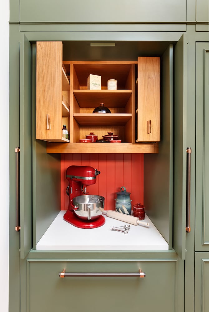 Custom kitchen pantry housing larder, open custom designed spice drawers