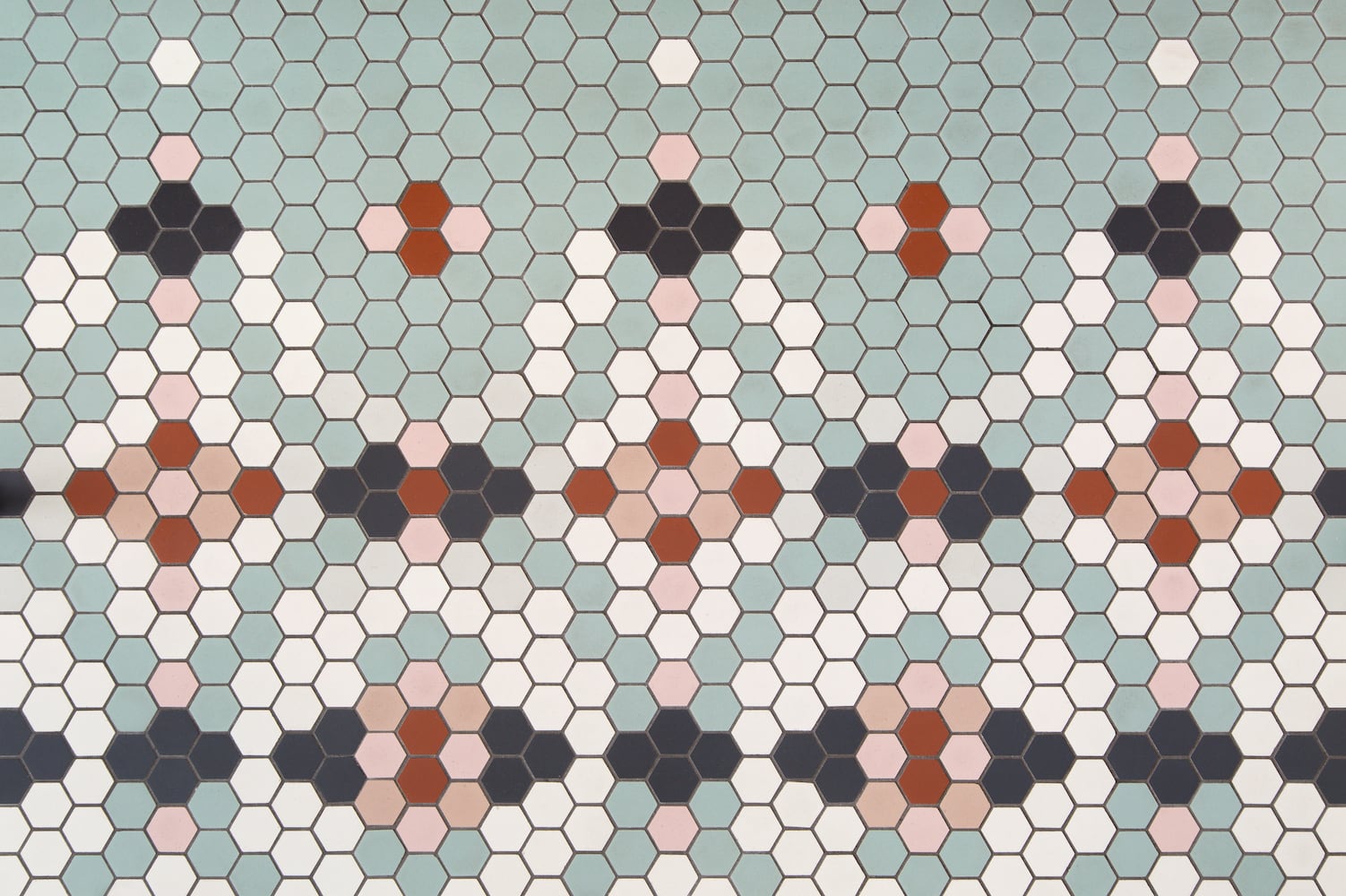 Patterned hexagon mosaic tile floor, beautiful complex custom design