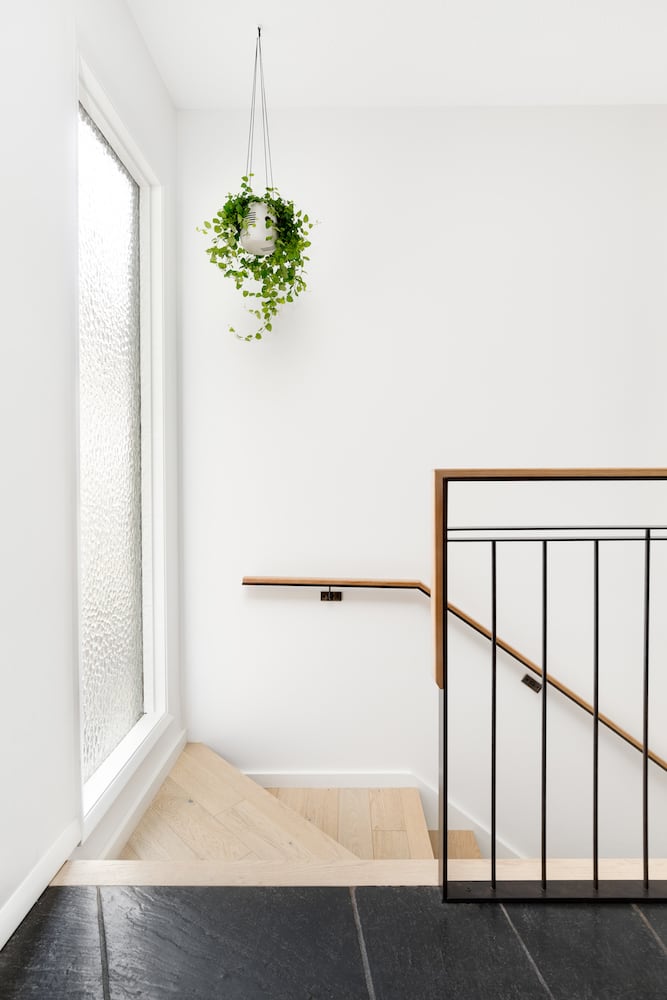Modern minimal stairwell with custom steel and wood railing, hanging planter