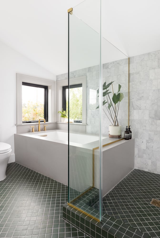 Incredible Portland bathroom remodel with Daltile matte lunar field tile and built-in tub