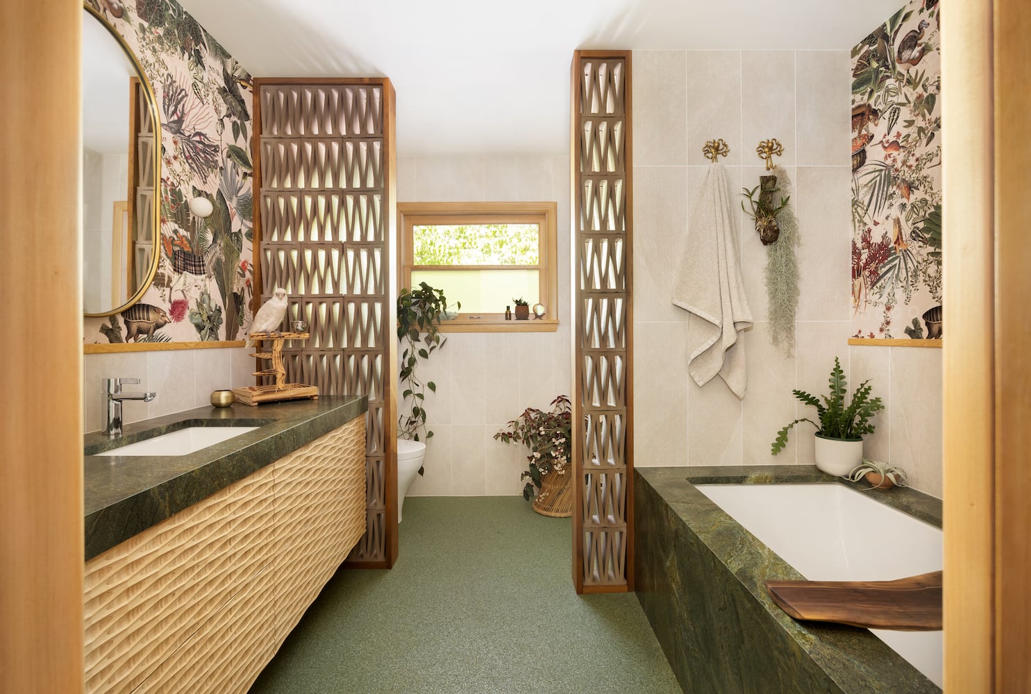 Midcentury farm ranch bathroom renovation with tropical spirit, bamboo, bathtub