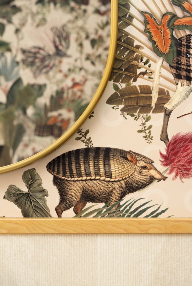 Detail of vanilla background wallpaper with armadillo, various flora and fauna, mirror