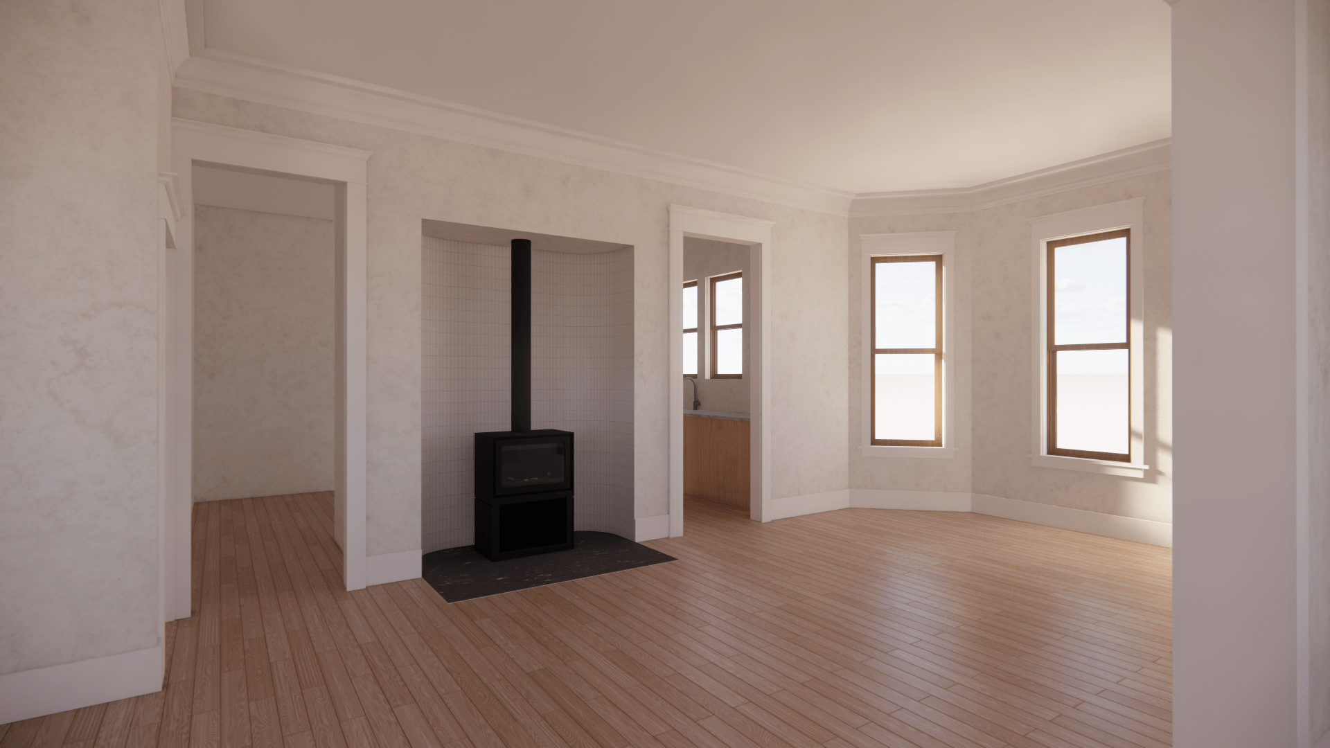 Closer view of wood stove rendering with immaculately designed tile trim