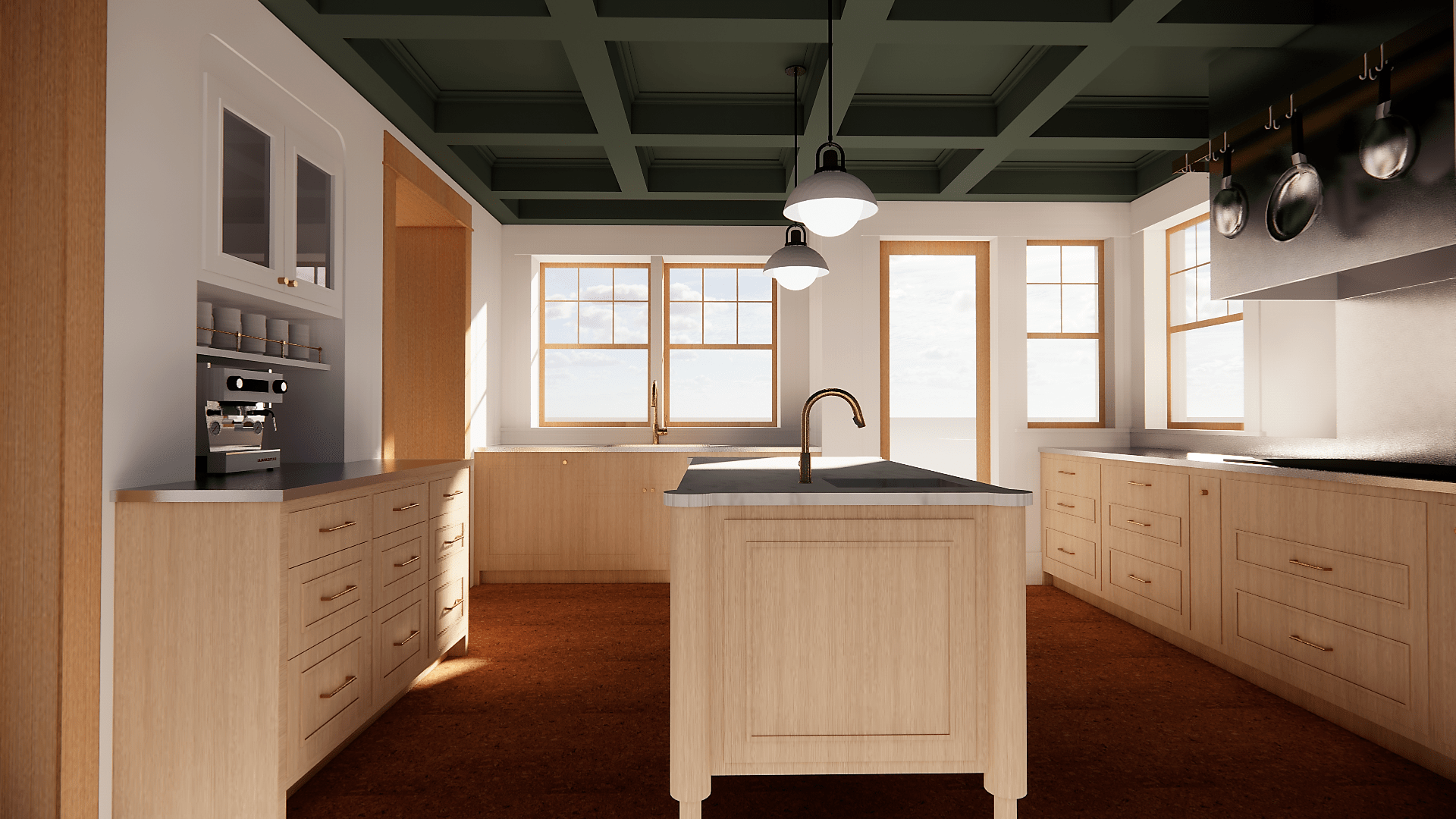 Residential craftsman home kitchen remodel rendering natural wood and light