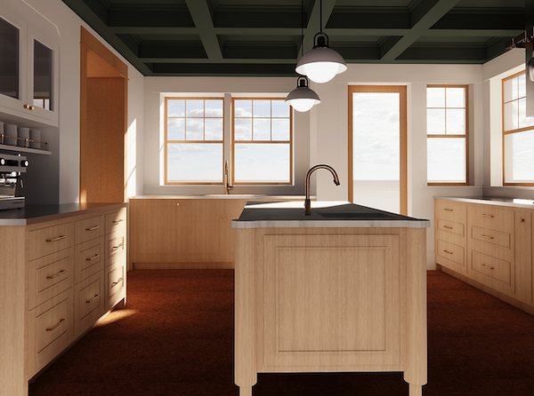 Residential craftsman home kitchen remodel rendering natural wood and light