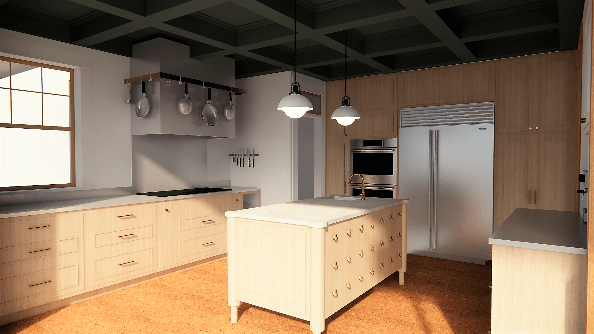 Rendering of in progress kitchen home remodel interior design island and fridge