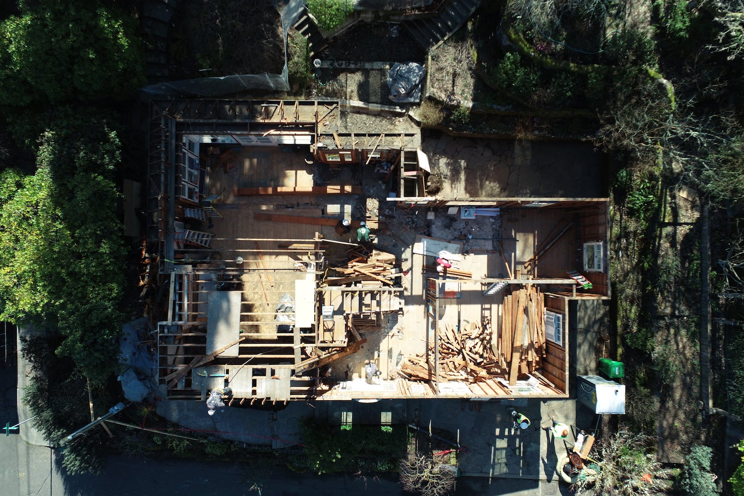 Aerial view of construction work for garden craftsman remodel in Portland Oregon