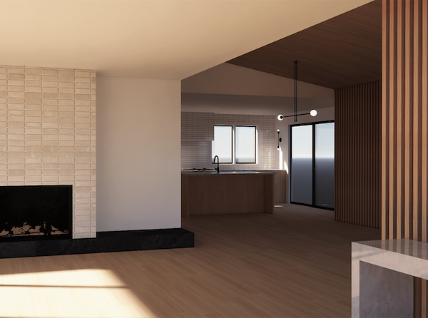 Modern residential interior design home rendering, tile fireplace, white oak floors