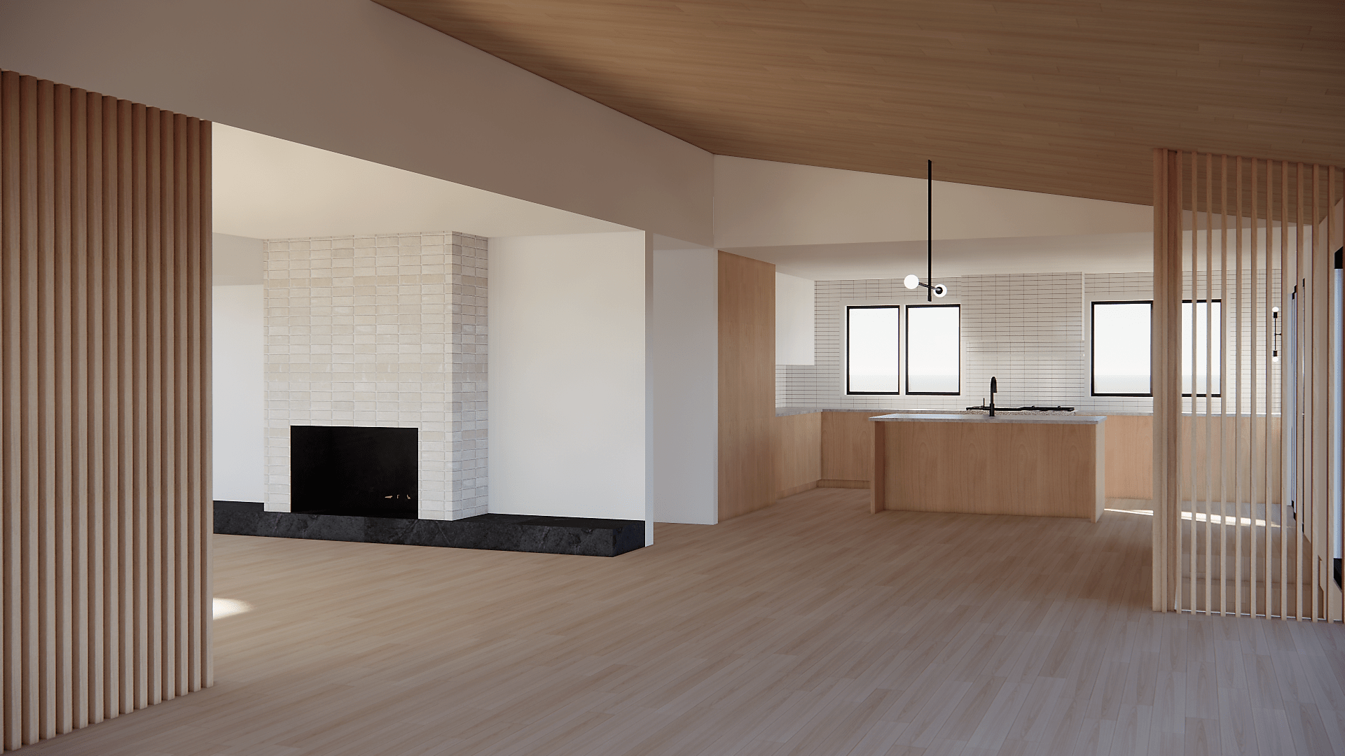 Modern residential interior design kitchen with island, white oak vertical slats