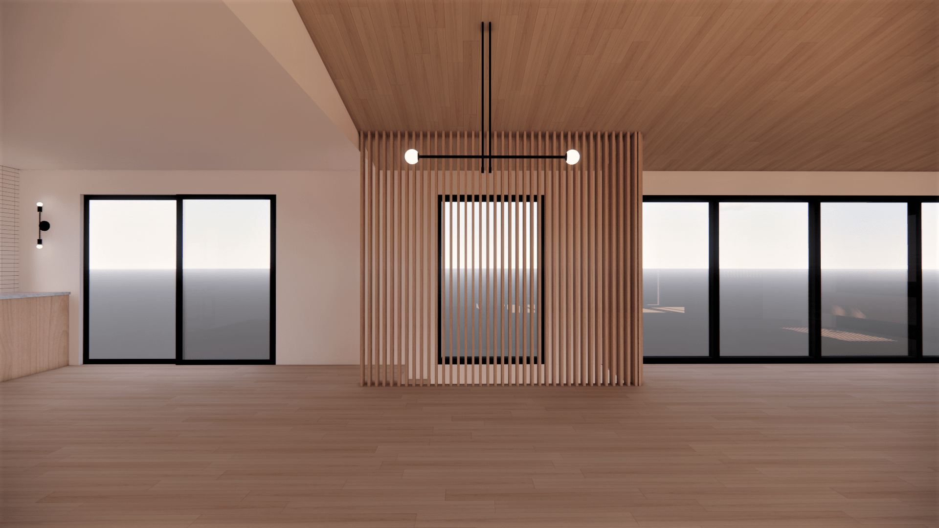 Minimalist modern residential interior design with slats, windows, sleek pendant