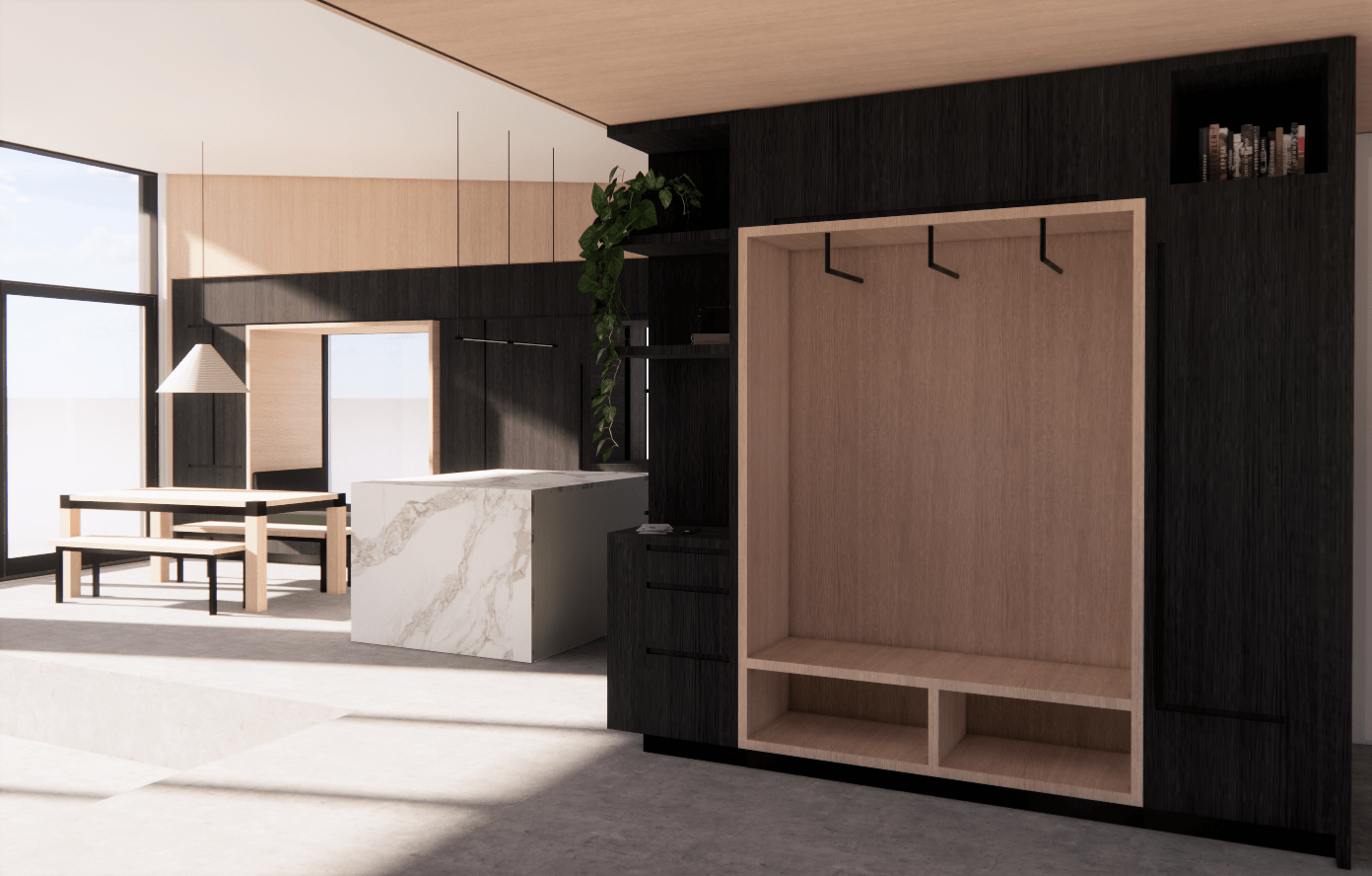 Interior design rendering of new build light industrial residential modern home