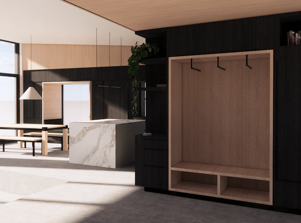 Interior design rendering of new build light industrial residential modern home