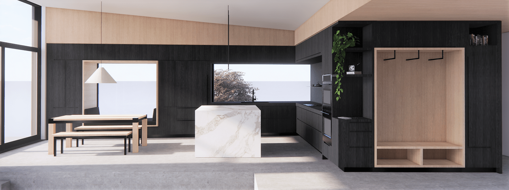 Kitchen and dining area with waterfall quartz slab island, creative thoughtful details